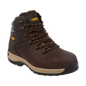 The Apache AP315CM Safety Work Boots Brown feature yellow and black laces, a padded collar, and a tan/black rubber soleโperfect for demanding jobs like those at tool hire Newry.