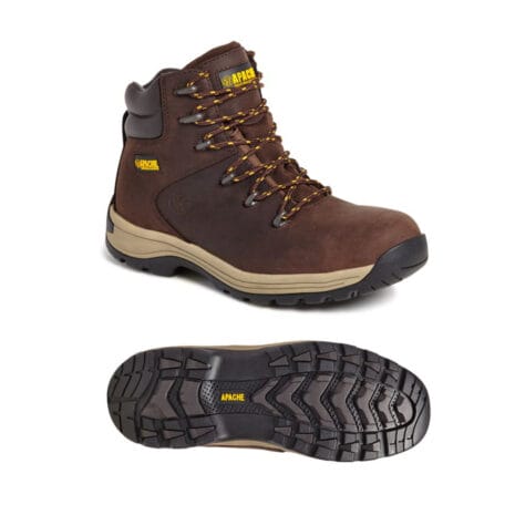 Apache AP315CM Safety Work Boots Brown-3 The Apache AP315CM Safety Work Boots Brown feature yellow and black laces, a padded collar, and a rugged non-slip sole—ideal for tough jobs or tool hire Newry—shown from side and bottom views.
