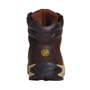 Apache AP315CM Safety Work Boots Brown-2 Rear view of Apache AP315CM Safety Work Boots Brown with black and tan sole, padded ankle collar, and yellow heel logoโperfect for outdoor adventures or exploring trails near tool hire Newry locations.
