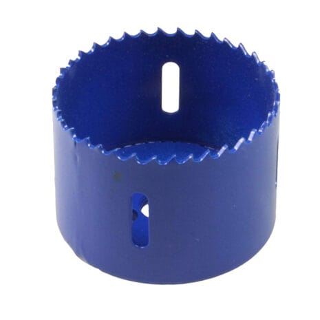 The Irwin Bi-Metal Holesaw 64mm 10504190 features jagged teeth and side slots for efficient cutting of circular holes in various materials—available through tool hire Newry.
