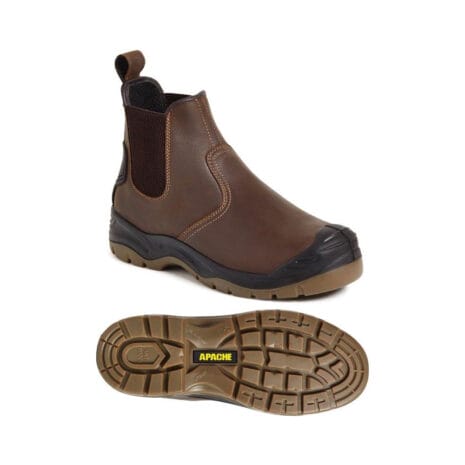Apache AP715SM Safety Work Boot Brown The Apache AP715SM Safety Work Boot Brown features black elastic side panels, a rubber-reinforced toe, and anti-slip treaded sole—ideal for tool hire Newry; one boot stands upright while the other shows the sole with "APACHE" label.