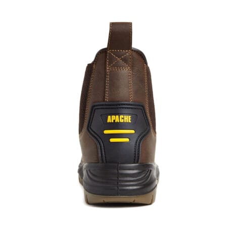 Apache AP715SM Safety Work Boot Brown-2 Rear view of the Apache AP715SM Safety Work Boot in brown featuring black and yellow heel detail with "APACHE" branding, available at tool hire Newry.