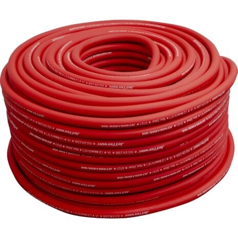 The Jefferson -100m Rubber Alloy Air Hose (8mm) features a coiled red design with printed text, shown on a white background—perfect for tool hire Newry services.