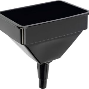 The Jefferson 10โ Tractor Funnel is a black, rectangular plastic funnel with a wide top opening and narrow spout for pouring liquids, available from Tool Hire Newry.