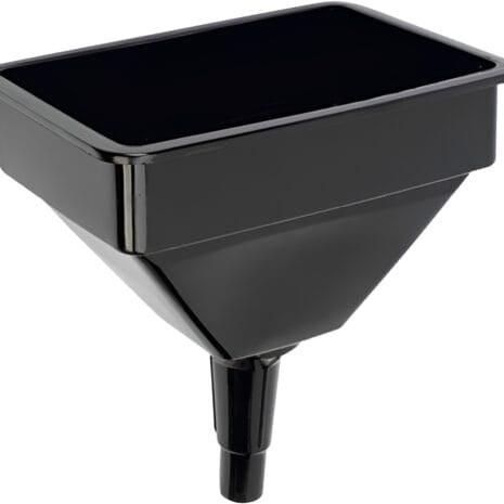 The Jefferson 10” Tractor Funnel is a black, rectangular plastic funnel with a wide top opening and narrow spout for pouring liquids, available from Tool Hire Newry.