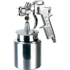The Suction Feed Spray Gun - JEFA046 features a trigger handle and cylindrical paint container, made from stainless steelโperfect for DIY projects or available through tool hire Newry.