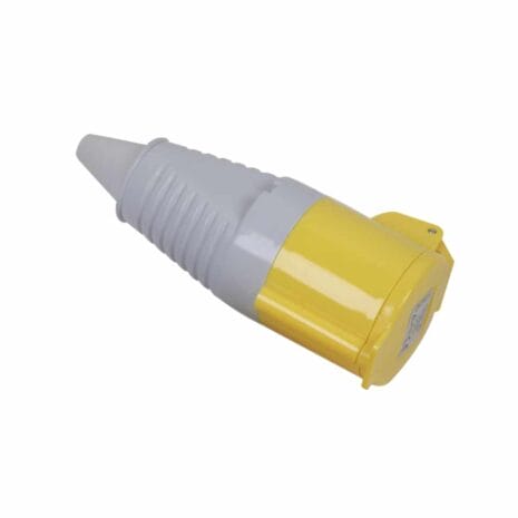 The Sealey WC11016 Yellow Plug 110V 16A is an industrial electrical adaptor with a ribbed grip and protective cap, available from tool hire Newry. Shown on a plain white background.
