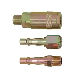 The 3 Piece Air Tool Coupling Kit - JEFA057-CD features three metallic pneumatic quick-connect fittings arranged horizontally on a white background, perfect for professionals wanting quality gear from tool hire Newry.