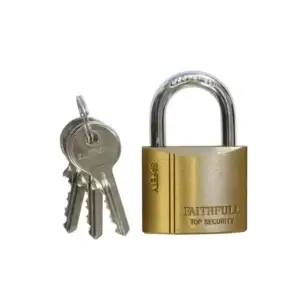 Brass Padlocks labelled "FAITHFULL TOP SECURITY" come with three metal keys on a keyring, perfect for securing your belongingsโavailable at tool hire Newry.