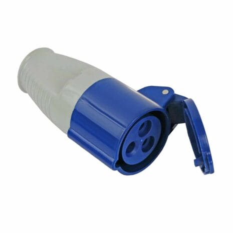 The Blue Socket 240V 16A is a blue and white industrial power socket with a hinged cover, shown at an angle—ideal for tool hire Newry projects needing reliable electrical connections.