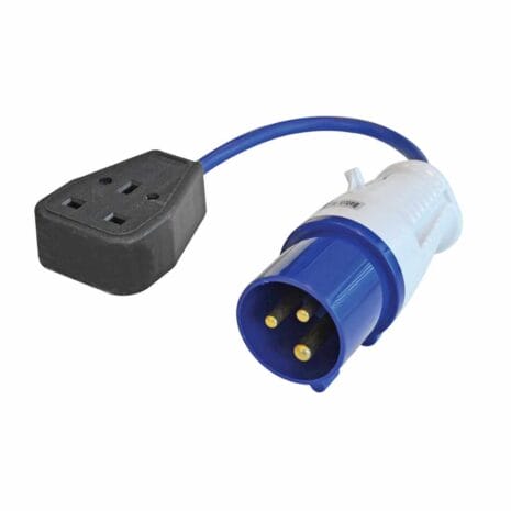 240V Fly Lead with 35cm Lead The 240V Fly Lead with 35cm Lead connects a blue and white three-pin industrial plug to a black UK three-pin socket adaptor—perfect for tool hire Newry projects needing reliable power connections.