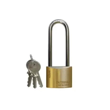 The Faithfull Brass Padlock Long Shackle is displayed with three keys on a white background, perfect for securing equipment from tool hire Newry.