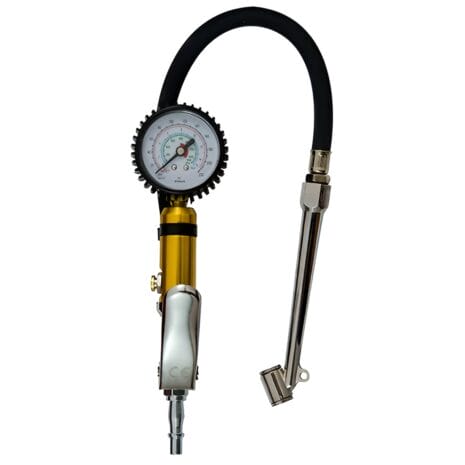 The Jefferson Tyre Inflating Gun Rigid Connector - JEFG04, featuring brass and silver parts with an analogue gauge, is available at tool hire Newry for all your automotive needs.