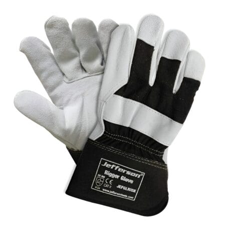Rigger Gloves - JEFGLRIGK-2 A pair of Rigger Gloves - JEFGLRIGK with white leather palms, black fabric back, and reinforced cuffs—perfect for tool hire Newry—shown on a white background.
