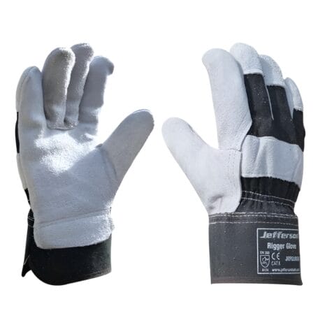 A pair of Rigger Gloves - JEFGLRIGK in grey and black with reinforced palms and fingers, shown front and back on a white background—ideal for tough jobs or tool hire in Newry.