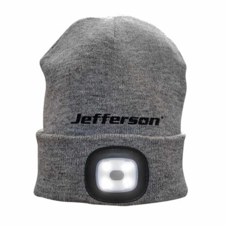 160lm LED USB Rechargeable Beanie Hat - JEFHATLT01 The 160lm LED USB Rechargeable Beanie Hat (JEFHATLT01) is a grey knit hat with "Jefferson" embroidered on the front and a built-in LED in the cuff—ideal for chilly evenings or visits to tool hire Newry.