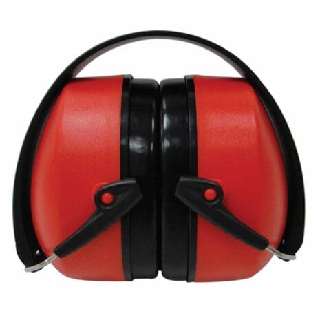 High Performance Folding Ear Defenders: red and black over-ear noise-cancelling earmuffs with adjustable headband and folding design, available at Tool Hire Newry.