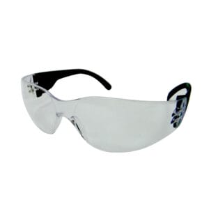 Clear Frameless Safety Glasses - JEFSFGLS02 with black arms offer wraparound eye protection, perfect for tool hire use in Newry.