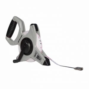 The 30m Fibreglass Tape - JEFTM300FG features a closed reel, handle, crank, extended tape, and metal end hookโperfect for accurate measurements and available through tool hire Newry.