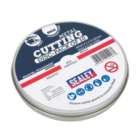 Cutting Disc 115 x 1.2mm 22mm Bore Pack of 10 A round tin labelled "Cutting Disc 115 x 1.2mm 22mm Bore Pack of 10" by Sealey, showing specs and safety icons—perfect for tool hire Newry professionals needing dependable metal cutting accessories.