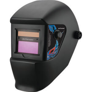 The Automatic Welding & Grinding Helmet - JEFWELHT4G features a black design, flame graphics, and a rectangular auto-darkening lens. Available at Tool Hire Newry.