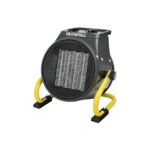 The Ceramic Fan Heater 2000W features a black body, metal grille front, yellow support legs, and a side control knobโperfect for tool hire Newry needs.