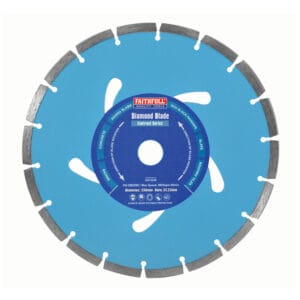 The Contract Series Diamond Blades 230mm features a blue circular design with segmented edges and a central Faithfull label detailing specifications—perfect for quality cutting tool needs at tool hire Newry.