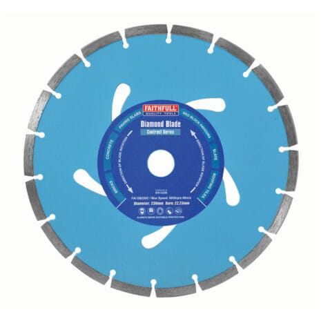 The Contract Series Diamond Blades 230mm features a blue circular design with segmented edges and a central Faithfull label detailing specifications—perfect for quality cutting tool needs at tool hire Newry.