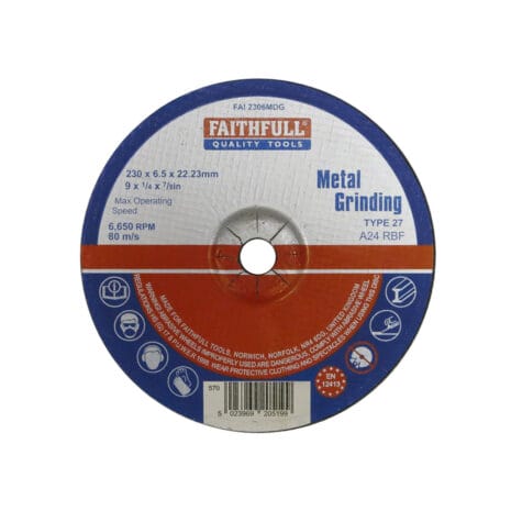 A Faithfull Metal Grinding Disc 115mm, Type 27, max speed 6,650 RPM—ideal for tool hire Newry—with safety and usage instructions around the centre hole.