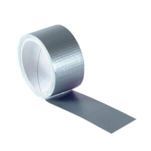A roll of Power Stick Gaffer Tape in grey, with a section unrolled and lying flatโideal for quick fixes or projects and perfect for tool hire Newry needs.