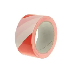 The Hazard Warning Safety Tape, featuring red and white stripes for marking or safety use, is available from Tool Hire Newry and is shown against a plain white background.