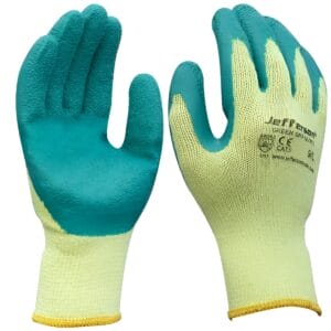 Jefferson Green Grip Gloves feature yellow fabric with teal rubber-coated palms and fingers, shown front and backโperfect for tool hire Newry projects.