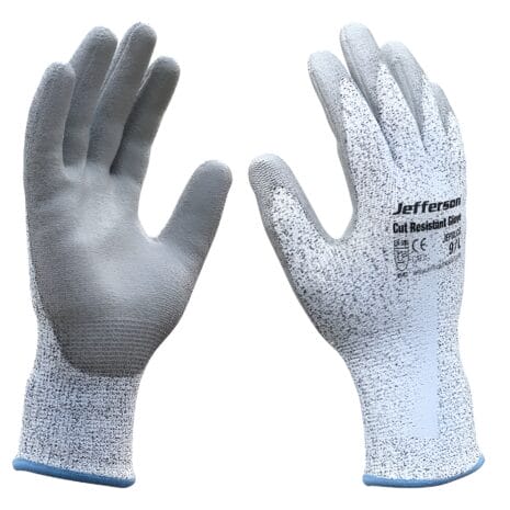 Cut Resistant Gloves Large - JEFGLCG-L The Cut Resistant Gloves Extra Large - JEFGLCG-XL are grey and white, feature textured palms and safety markings, and are perfect for demanding tasks or tool hire Newry services.