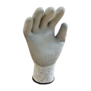 Cut Resistant Gloves Large – JEFGLCG-L-2 A single Cut Resistant Glove Extra Large (JEFGLCG-XL) is shown upright on a white background, grey and textured, with slightly curled fingers. Ideal for tool hire in Newry.