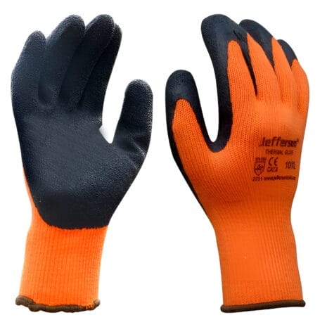 The Orange Thermal Gloves Extra Large - JEFGLOT-XL feature black textured palms and fingertips for grip, shown from both sides—perfect for tool hire Newry projects in cold weather.