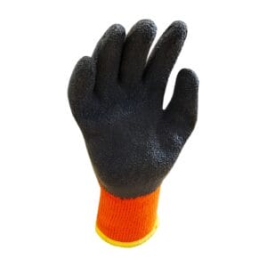 Orange Thermal Gloves Extra Large – JEFGLOT-XL-2 The Orange Thermal Gloves Extra Large - JEFGLOT-XL are sturdy black textured work gloves with an orange cuff and yellow trim, photographed on a white backgroundโideal safety gear for tool hire Newry.