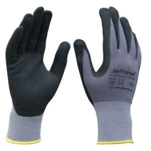 The Black Platinum Fitters Glove Large - JEFGLPF-L features grey and black design with "Jefferson" branding, shown palm up and downโperfect for tool hire Newry projects or everyday DIY tasks.