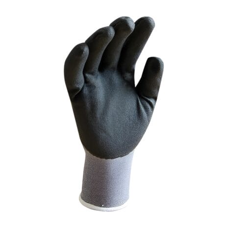 Black Platinum Fitters Glove Large - JEFGLPF-L-2 The Black Platinum Fitters Glove Large (JEFGLPF-L) is shown upright with a grey fabric cuff and black rubber coating, perfect for tough jobs and available through tool hire Newry.
