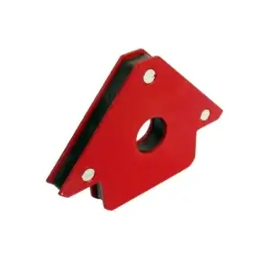 The 75mm Magnetic Welding Clamp - JEFMAGHOL075 features a red, triangular design with a centre hole and three metal rivets, ideal for precise welding. Available for tool hire in Newry. Shown isolated on a white background.