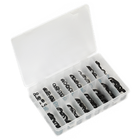 Rubber O-Ring Assortment 225pc Metric The Rubber O-Ring Assortment 225pc Metric is shown in an open plastic organiser with multiple compartments, each holding various sizes of black O-rings—perfect for tool hire Newry needs.