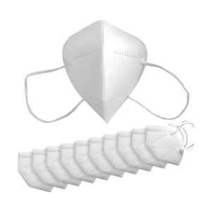 A pack of FFP2 Particulate Respirator Masks (50pks) is shown, featuring a white mask with ear loops above eleven more arranged diagonally, reflecting the safety focus upheld by tool hire Newry.