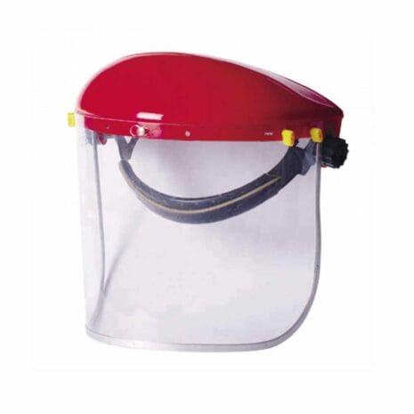 Heavy Duty PVC Face Shields - 5pk feature a clear visor with a red top and adjustable headband, available at tool hire Newry, designed for facial protection in industrial or medical settings.