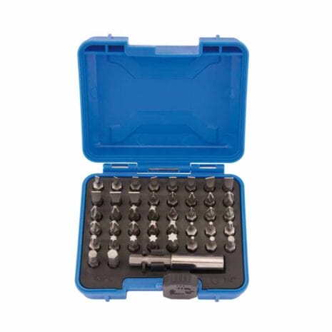 The Draper Magnetic Bit Holder Set (43 Piece) – 82394 is a blue plastic case from Tool Hire Newry, containing assorted screwdriver bits and a magnetic bit holder, all neatly organised in rows.