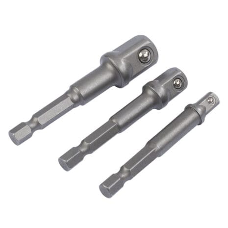 1/4" Hex. X 1/4", 3/8" And 1/2" Square Drive Adaptors- Draper Three Draper 1/4" hex to 1/4", 3/8", and 1/2" square drive adaptors are arranged diagonally on a white background.