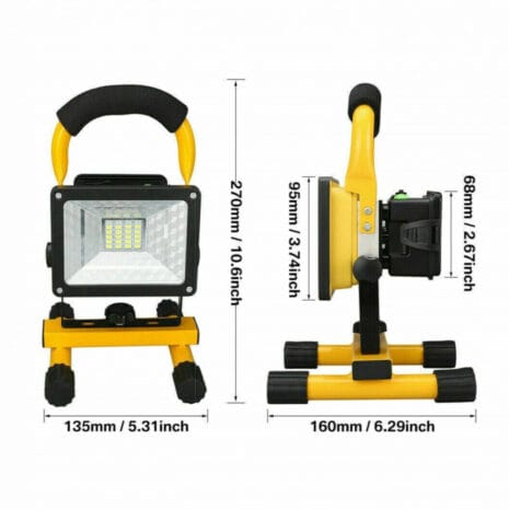 The 20W LED Rechargeable Worklight in yellow is shown from front and side with labelled dimensions: 270mm height, 135mm width, 160mm depth, lamp height 95mm, battery height 68mm. Available for tool hire Newry.