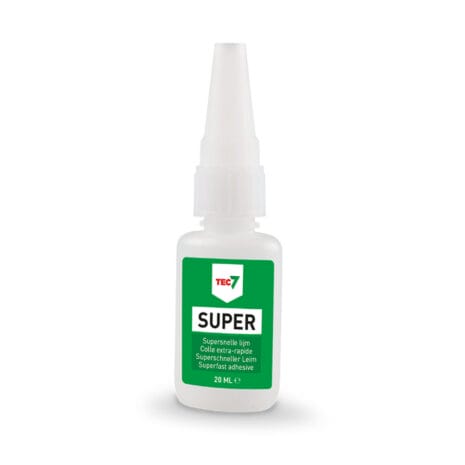 A 20 ml white plastic bottle of Tec 7 Super Fast Glue with a green label and pointed nozzle cap, perfect for quick fixes—available at Tool Hire Newry.