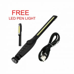 Rechargeable USB 40 LED Slim Magnet Hook Long Work Light shown with a smaller LED pen torch. Text reads "FREE LED PEN TORCH" on a white background—ideal for your next tool hire Newry project.