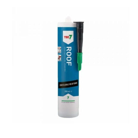 Tec 7 Roof Repair-310ml-Black, professional-grade sealant with attached nozzle, suitable for roofs and lasts up to 10 years—available at Tool Hire Newry.