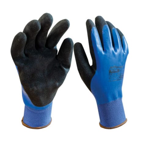 Jefferson Dry Grip Water-Resistant Gloves A pair of Jefferson Dry Grip Water-Resistant Gloves in blue with black textured palms and fingers, perfect for handling equipment during tool hire Newry, shown with palms facing up and down.