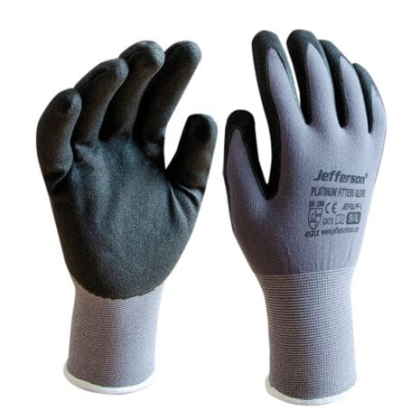 A pair of grey and black Jefferson Platinum Fitters Gloves, shown with palms and backs visible—ideal for tough tasks or tool hire Newry services.